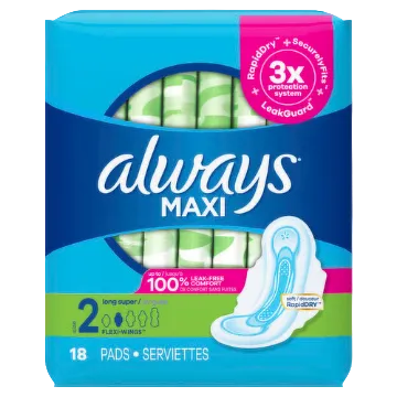 A package of Always Maxi sanitary pads, showing 18 pads. The packaging is primarily blue and teal with a pink 'PoppyDry' badge, a graphic of a sanitary pad, and a window displaying the green and white striped pads inside.