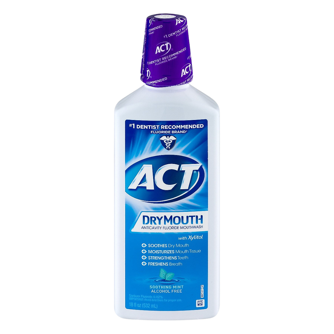 Enjuague bucal ACT Dry Mouth Soothing Mint, alivia boca seca y fortalece dientes.