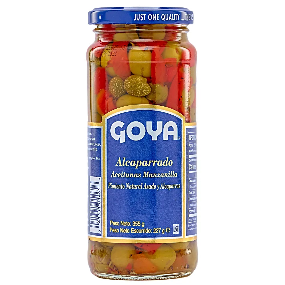 A glass jar of Goya Alcaparrado (pickled green olives) with a blue lid and blue label, set against a plain white background.