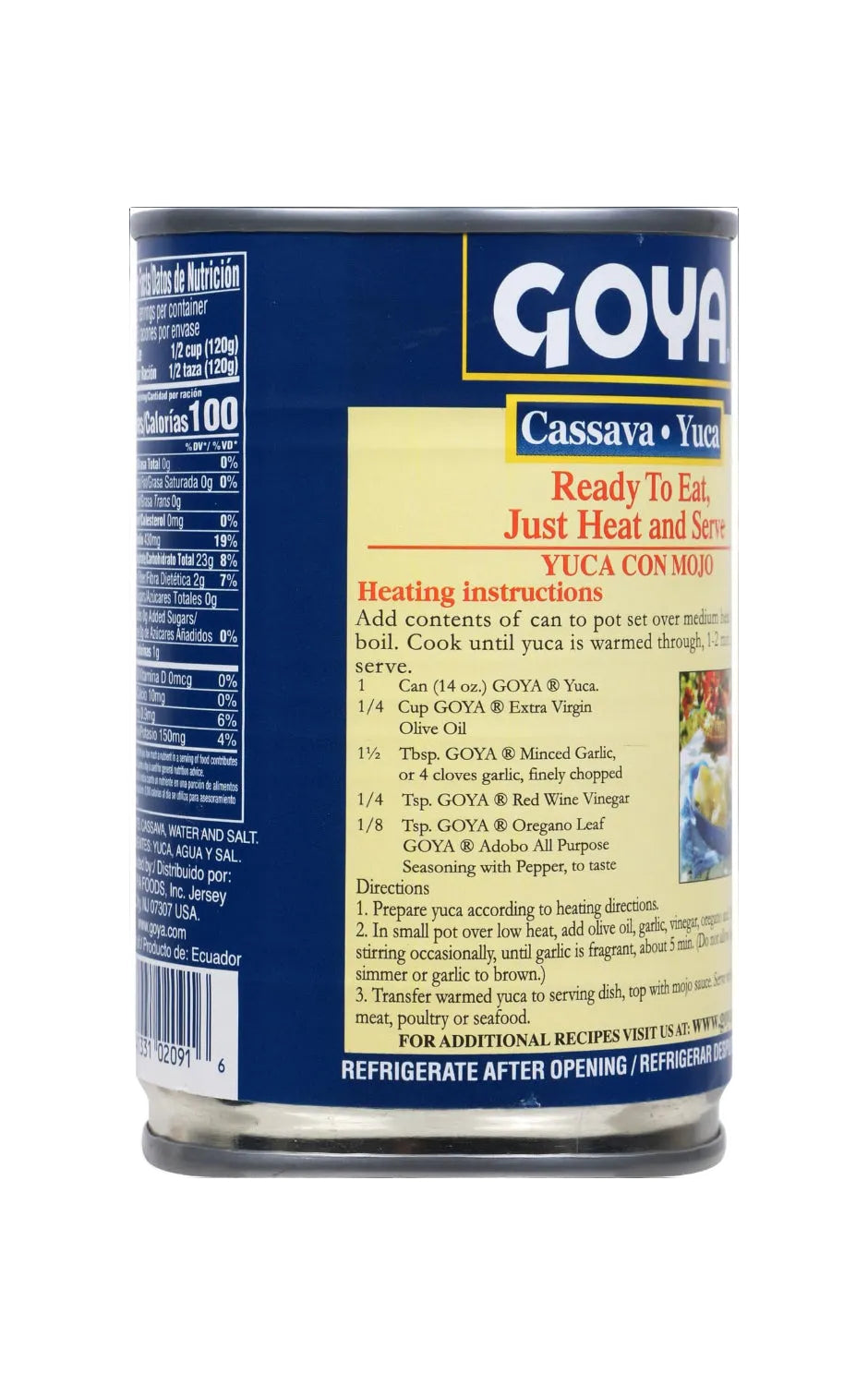 Close-up of the back nutrition label of a Goya brand yellow and blue can of Yuca, Agua y Salt.