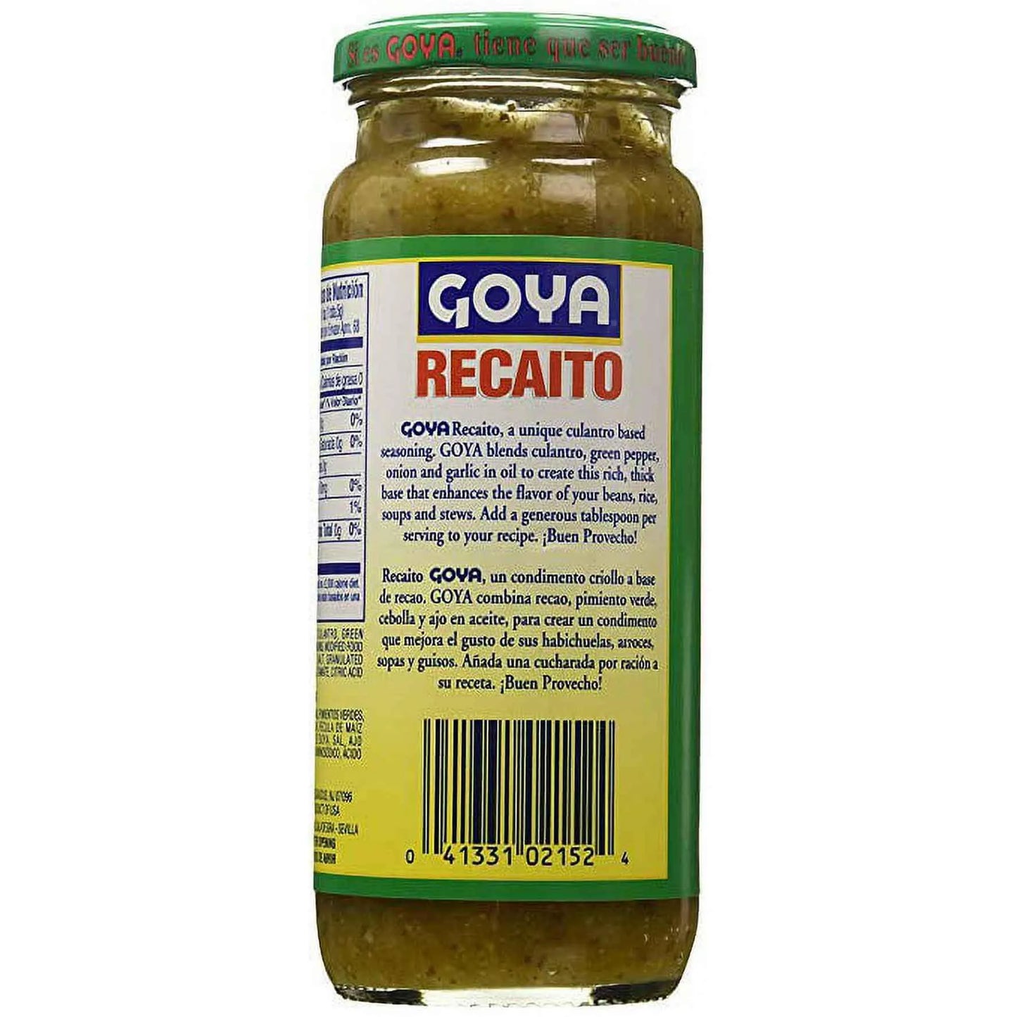 A glass jar of Goya Recaïto seasoned green onions and peppers, showing the back of the label with a green lid and barcode on a white background.