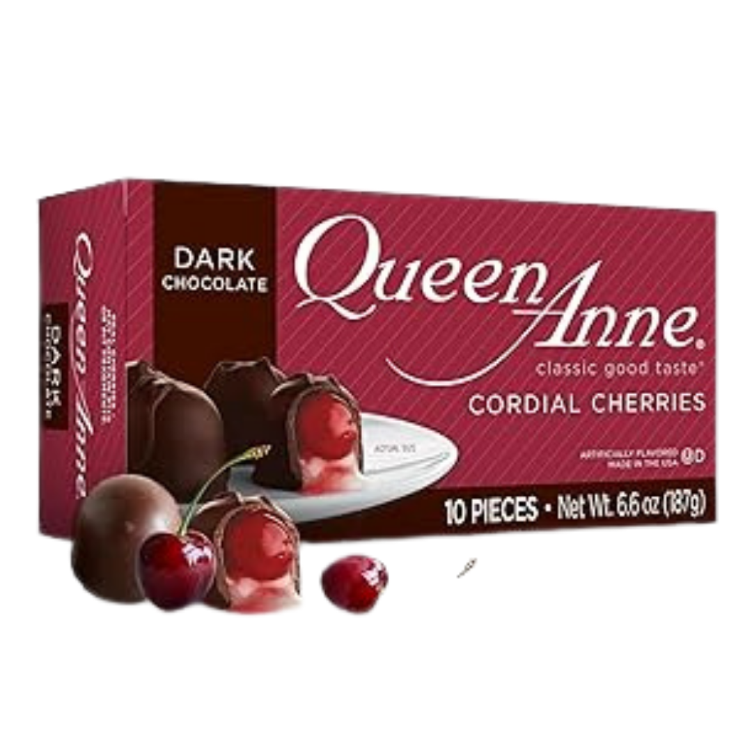 Queen Anne cerezas cubiertas de chocolate oscuro, caja de 10 piezas.
