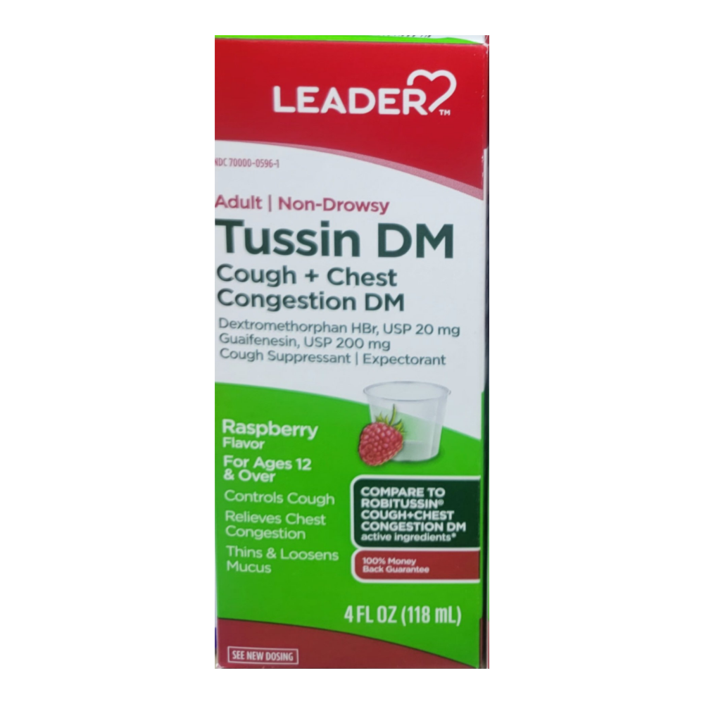 Leader Tussin DM Adult Cough + Chest Congestion DM Non-Drowsy USP (20 mg Raspberry 4 oz)