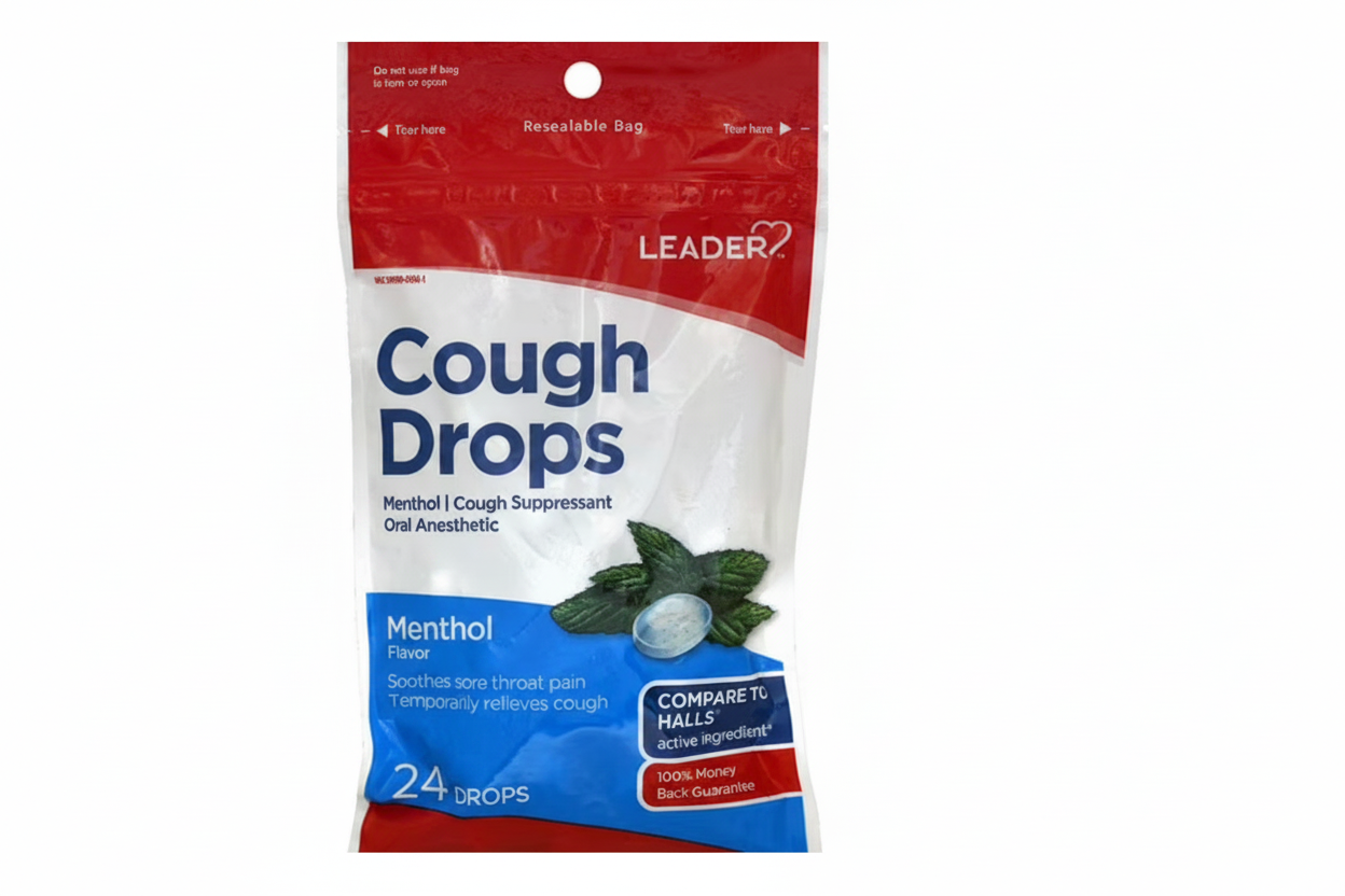 Packaging of Leader Cough Drops with a red and blue design on a white background