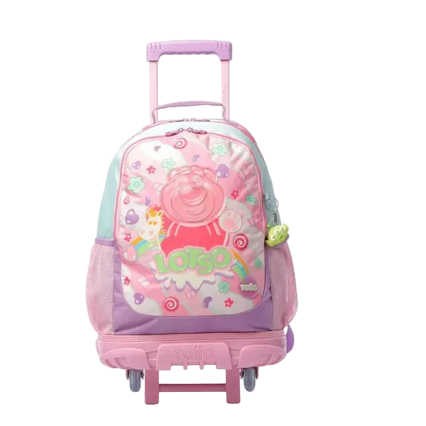 Pink children's backpack with wheels on a white background