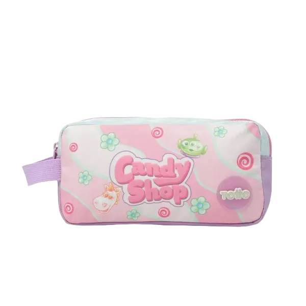 A pink zippered pencil case featuring a 'Candy Shop' design with green alien characters, candy swirls, and flowers, shown on a white background.