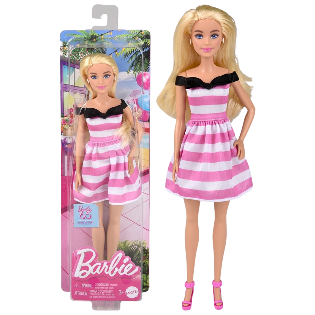 Muñeca Barbie 65 Aniversario con vestido de rayas rosa y blanco Mattel