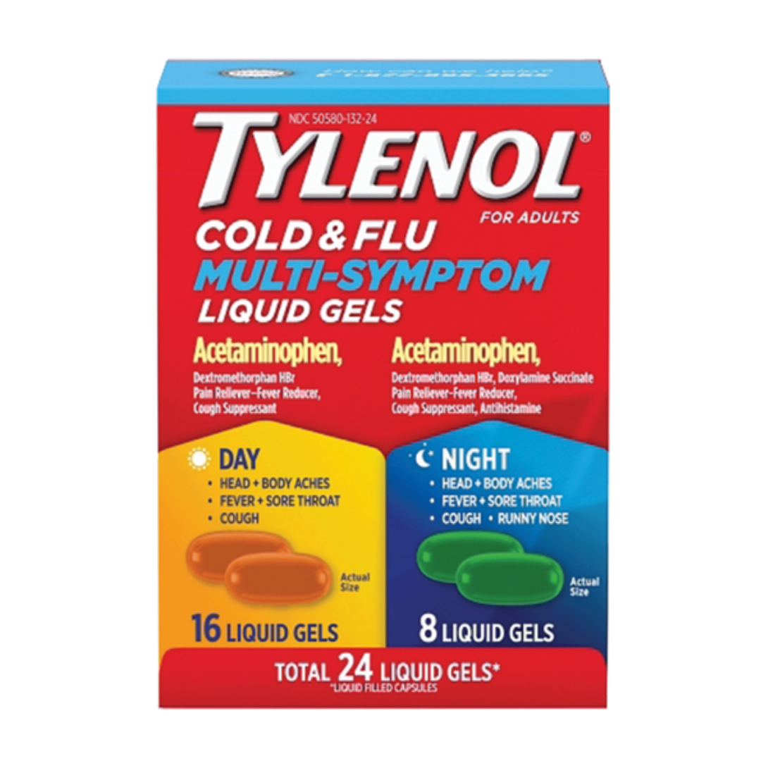 Tylenol Cold and Flu Day Night liquid gels alivio gripe día y noche 24 unidades