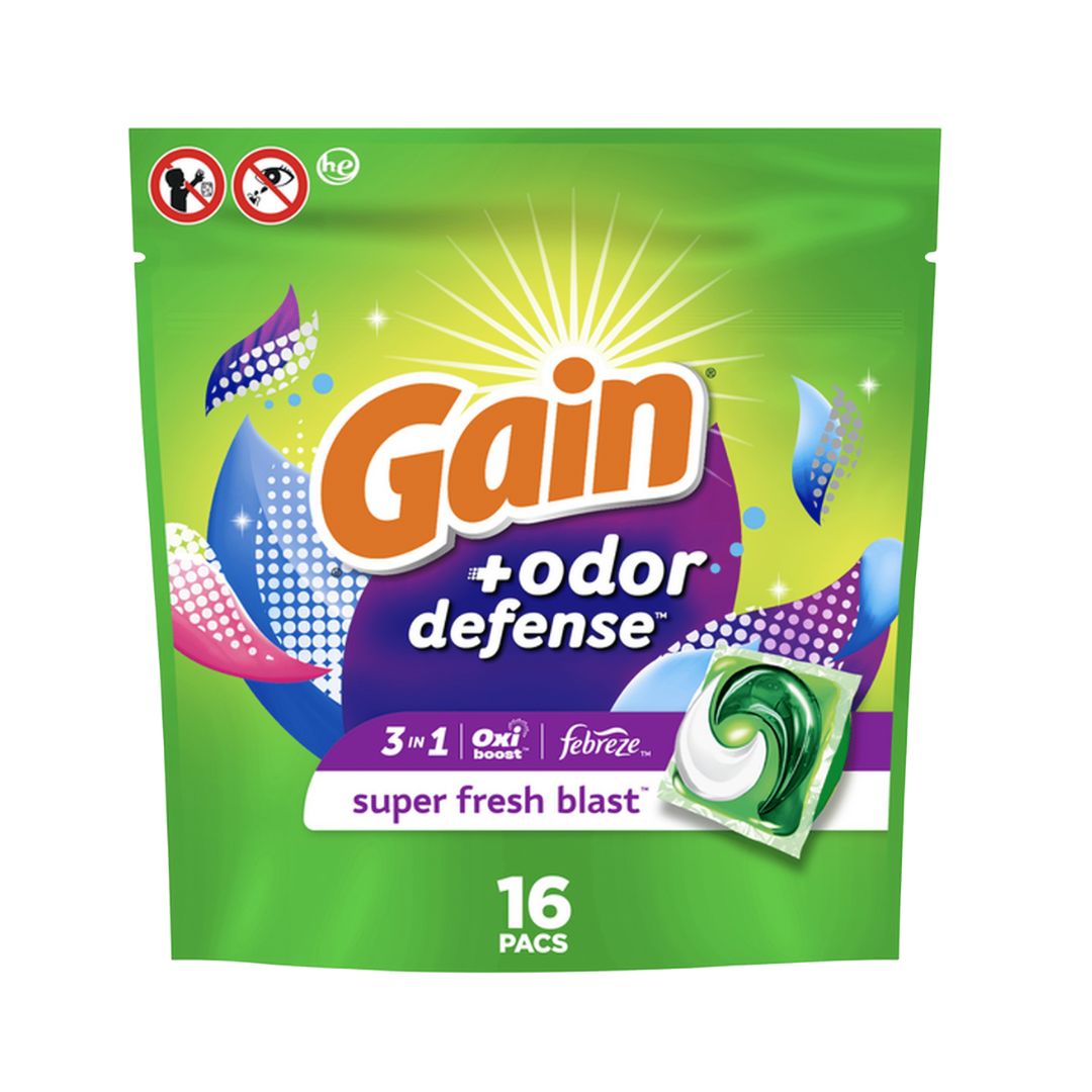 Gain Flings + Odor Defense Super Fresh Blast detergente 16 cápsulas