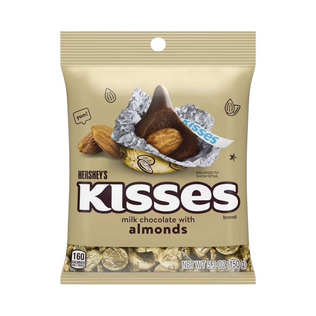 Hershey's Kisses con almendras enteras bolsa de 5.3oz foils dorados.