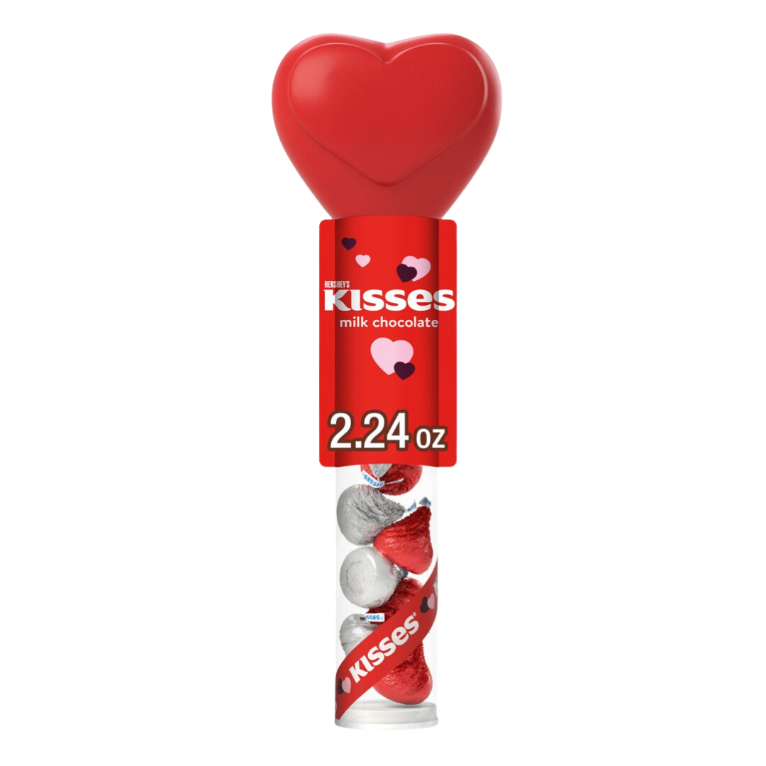 Bastón con tope de corazón lleno de Hershey's Kisses de chocolate de leche.