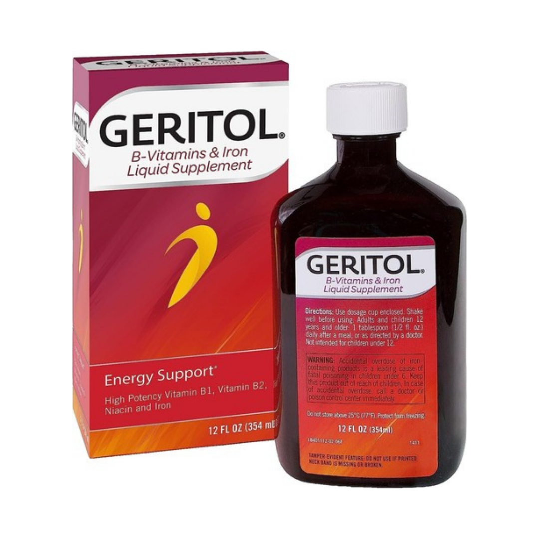 Geritol suplemento líquido de hierro y vitaminas B 12oz energía