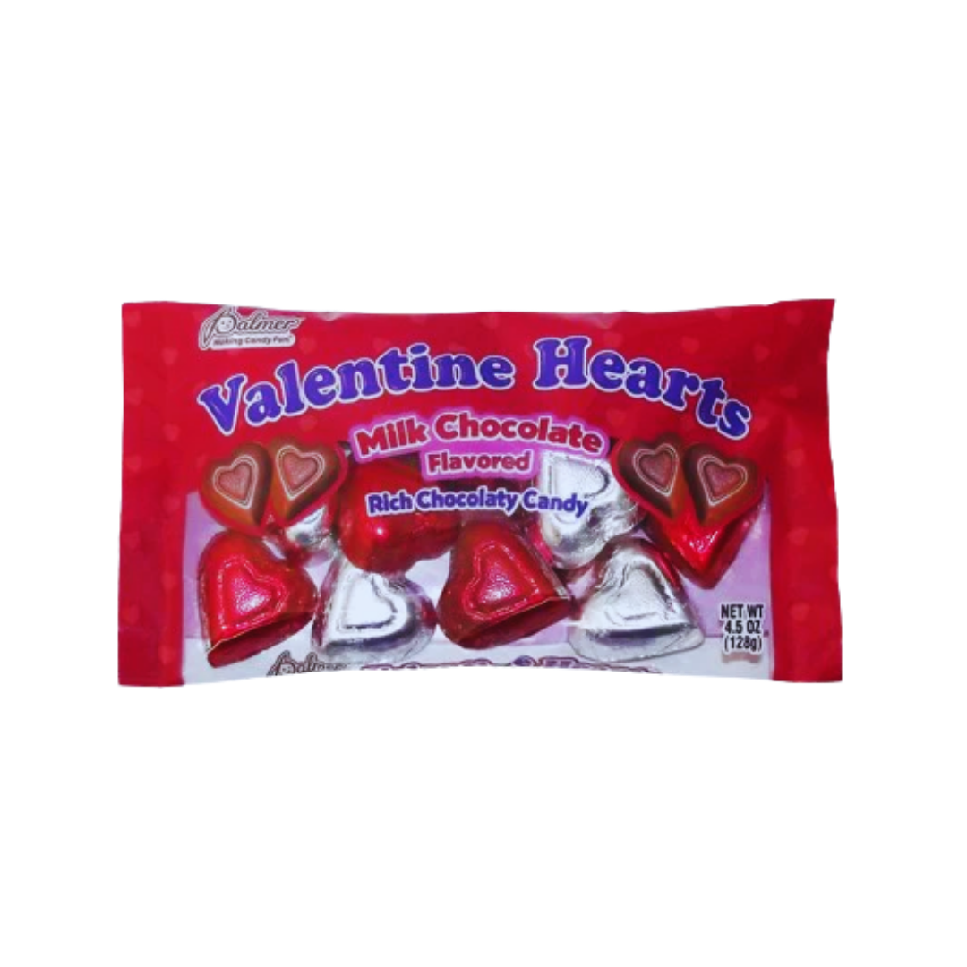 Bolsa de corazones de chocolate envueltos en papel rojo y plata 4.5oz.
