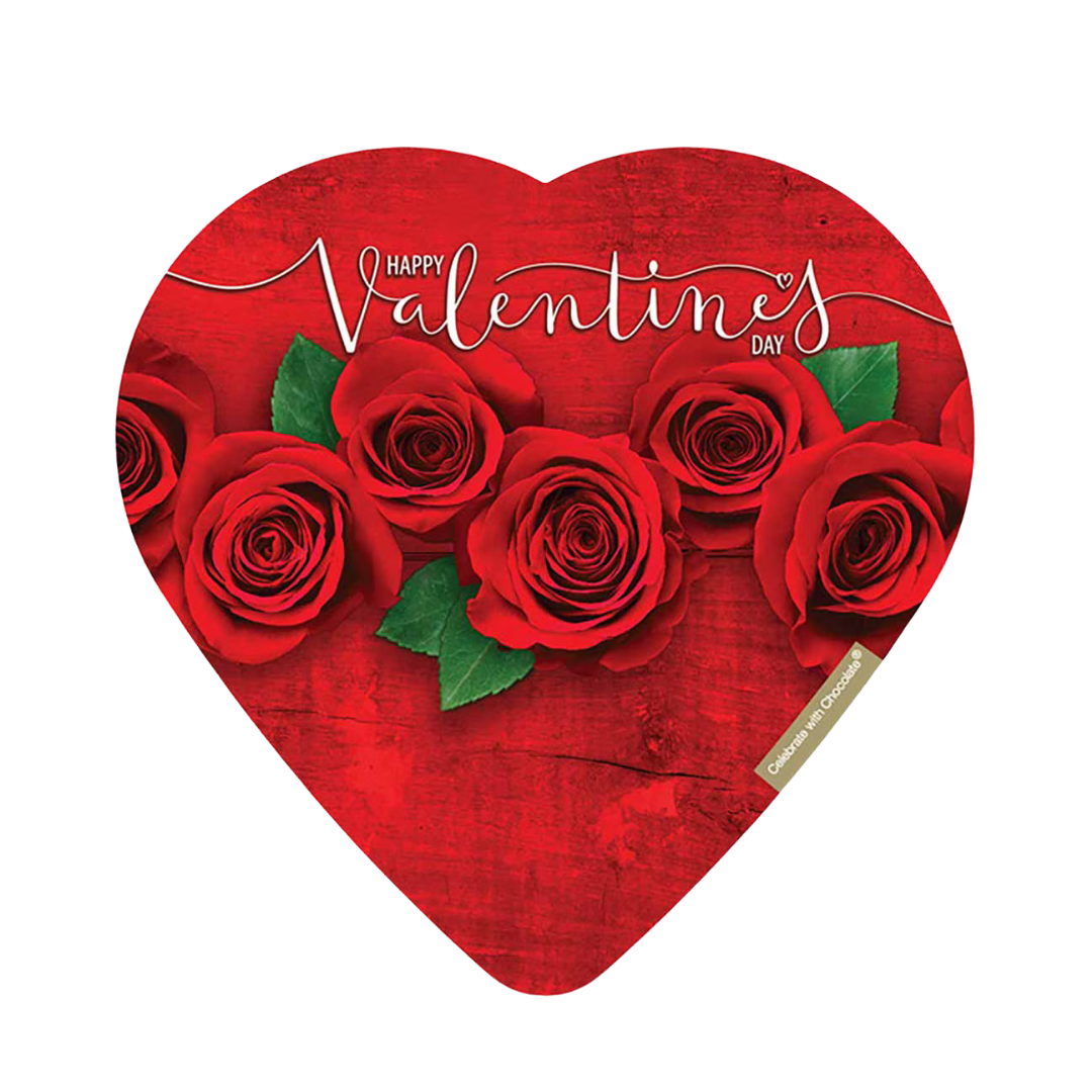 Caja de corazón textura madera roja con rosas Celebrate with Chocolate.