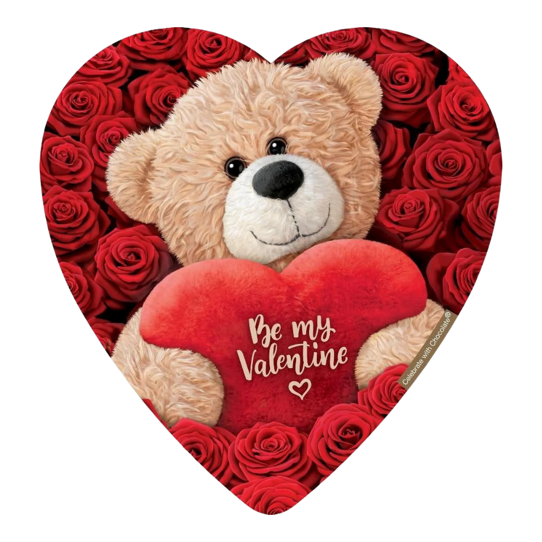 Caja de corazón con diseño de oso de peluche Celebrate with Chocolate.