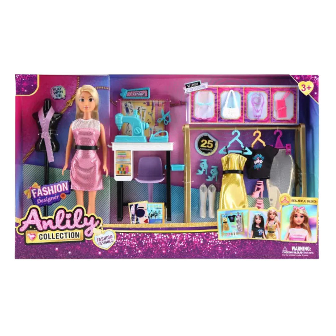 Muñeca Anlily diseñadora de modas con máquina de coser y accesorios