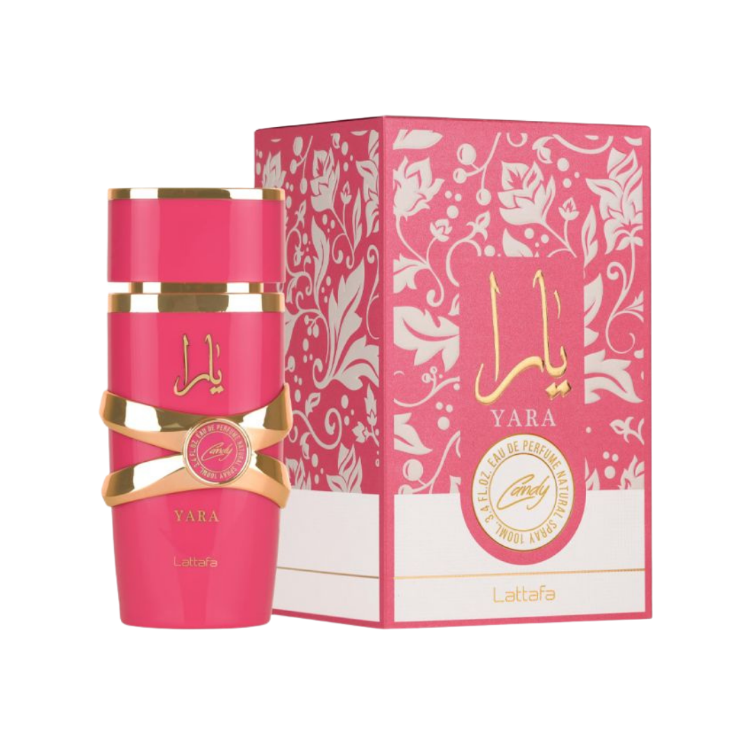 Perfume Lattafa Yara Candy para mujer botella rosa con bandas doradas 3.4oz.