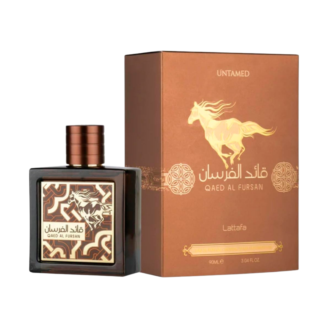 Perfume Lattafa Qaed Al Fursan Untamed para hombre en caja color cobre 90ml.