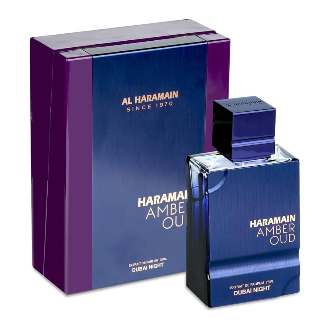 Perfume Al Haramain Amber Oud Dubai Night en botella azul profundo 60ml.