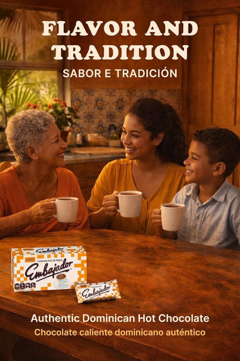 Family enjoying hot chocolate with a box of Embajador hot chocolate in a warm, homey setting.