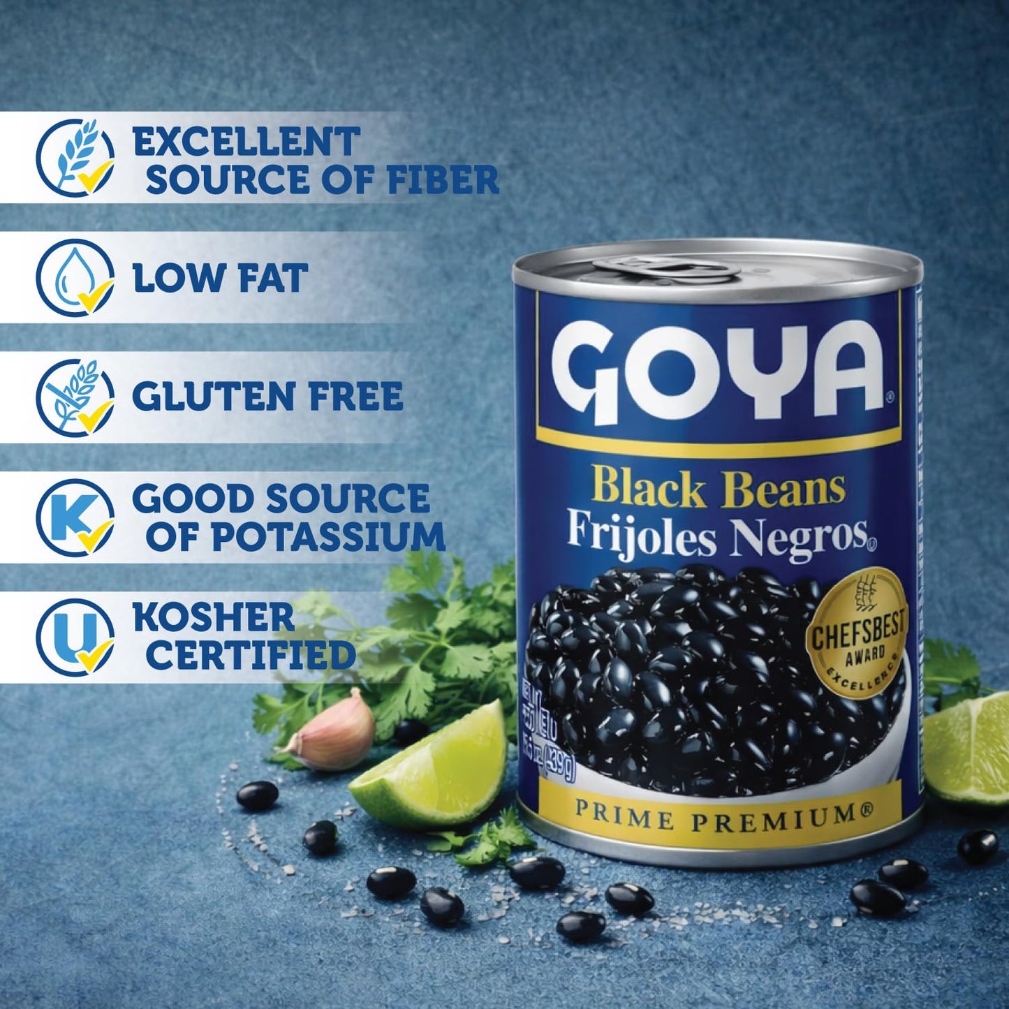 Goya Black Beans can with nutritional information on a blue background
