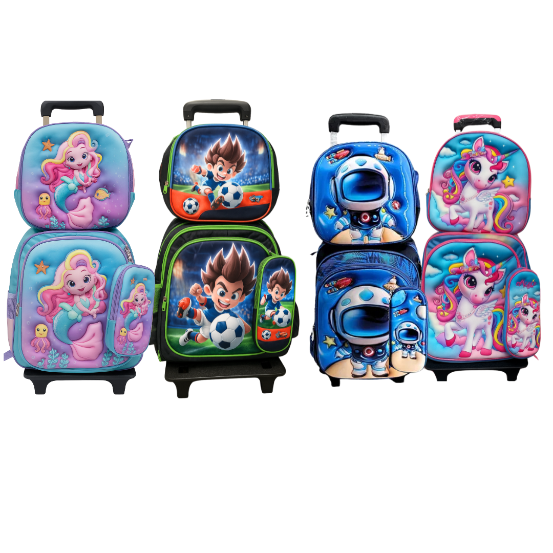 Set escolar de sirena con mochila de ruedas, lonchera y cartuchera en color rosado y azul.