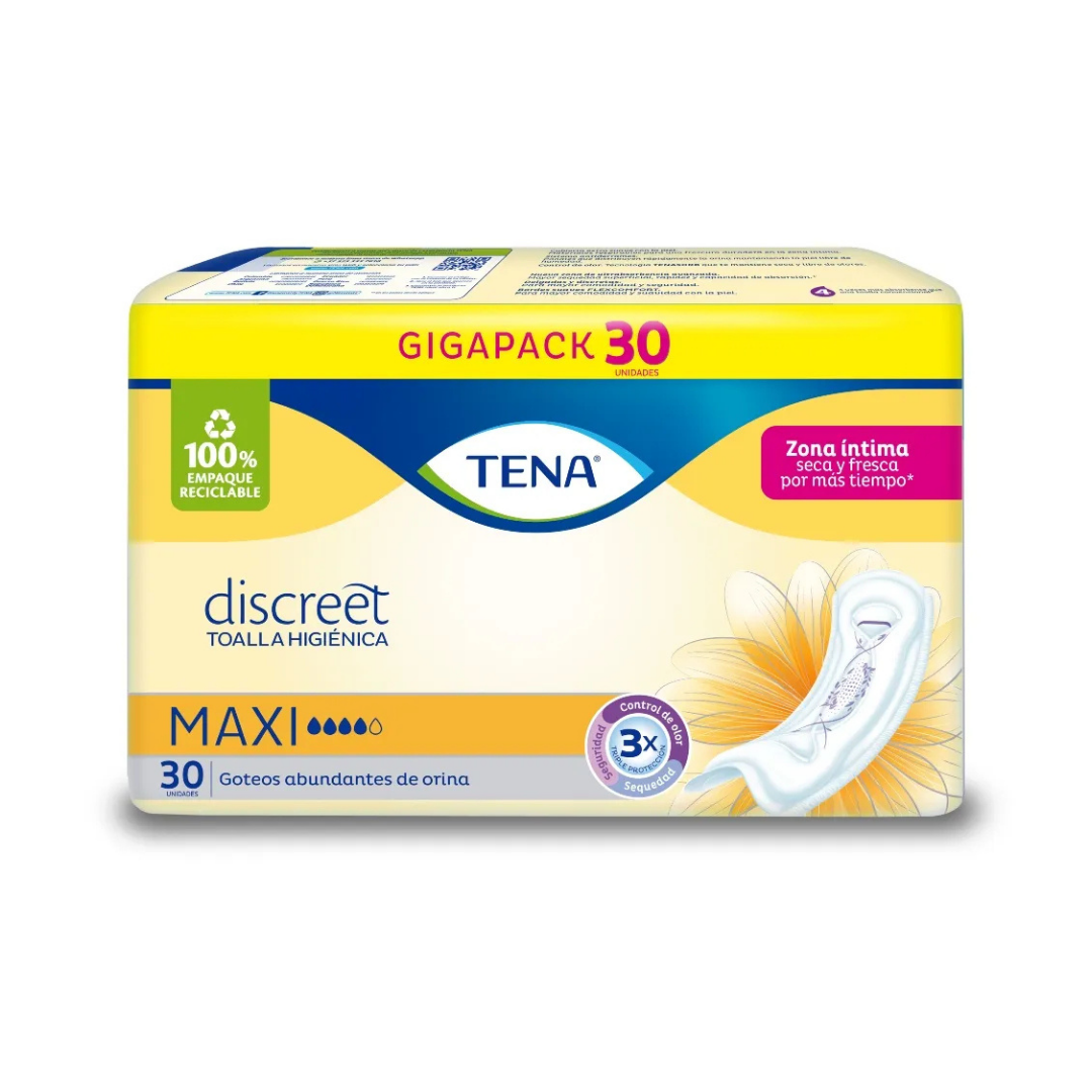 Toalla higiénica Tena Discreet Maxi para goteos abundantes 30 unidades