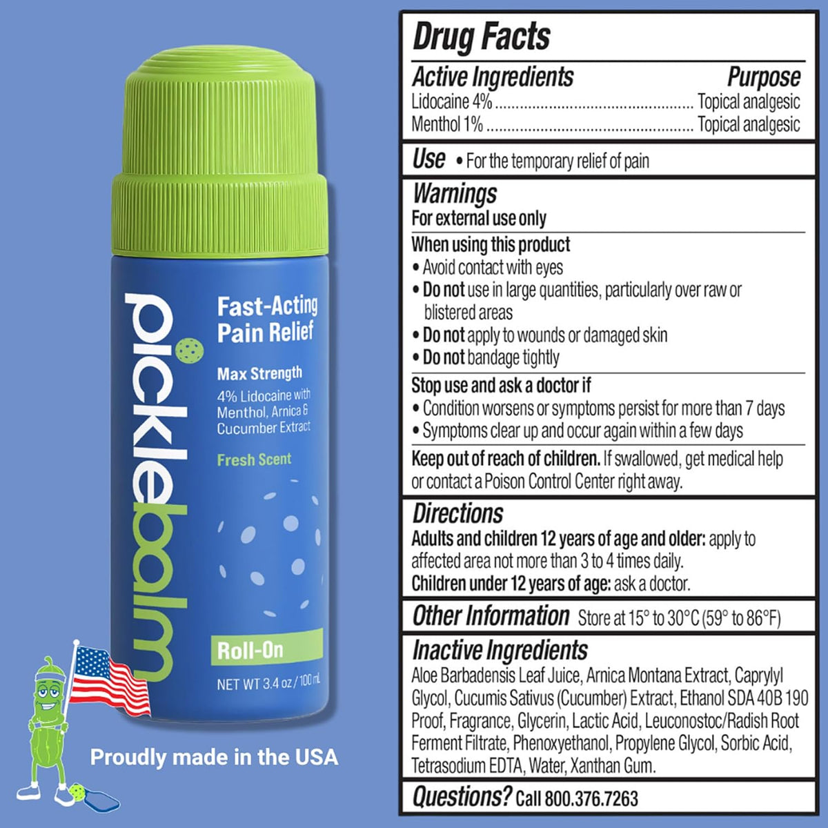 PickleBalm Roll-On para Alivio del Dolor Muscular, 4% Lidocaína, 3.4 oz