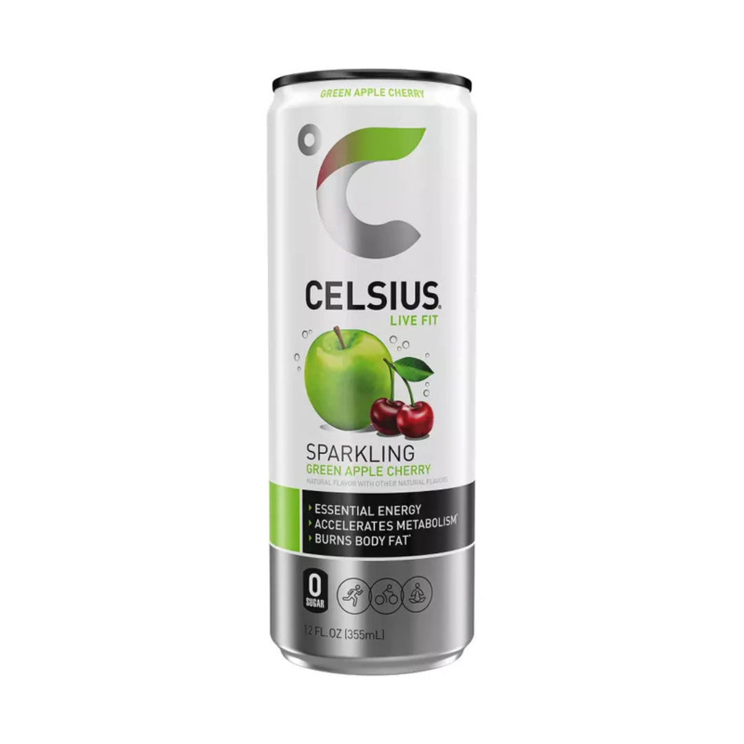 Celsius Sparkling Fuji Apple Pear 12oz bebida energética sabor manzana pera.