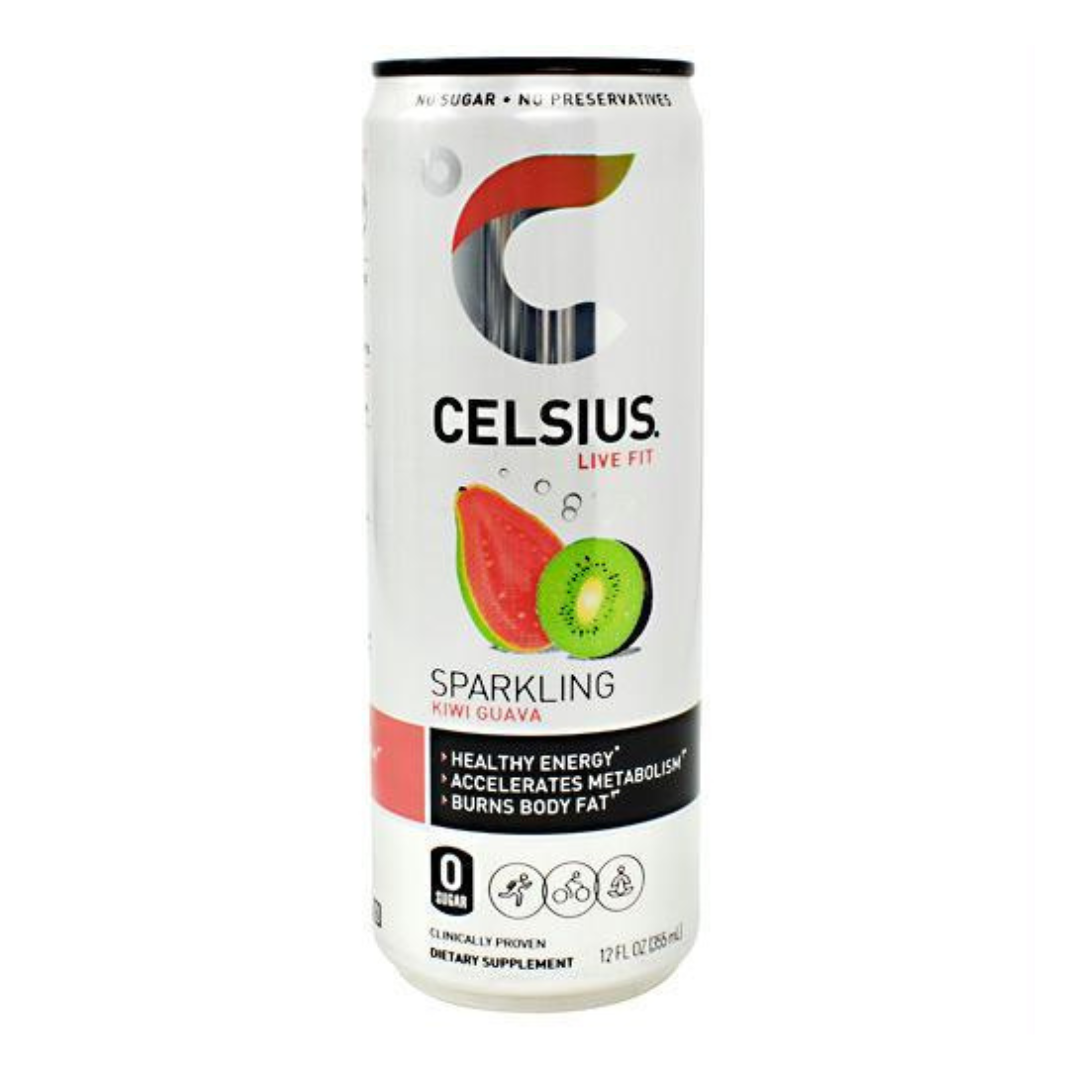 Bebida energética Celsius Sparkling Kiwi Guava de 12oz sabor tropical.