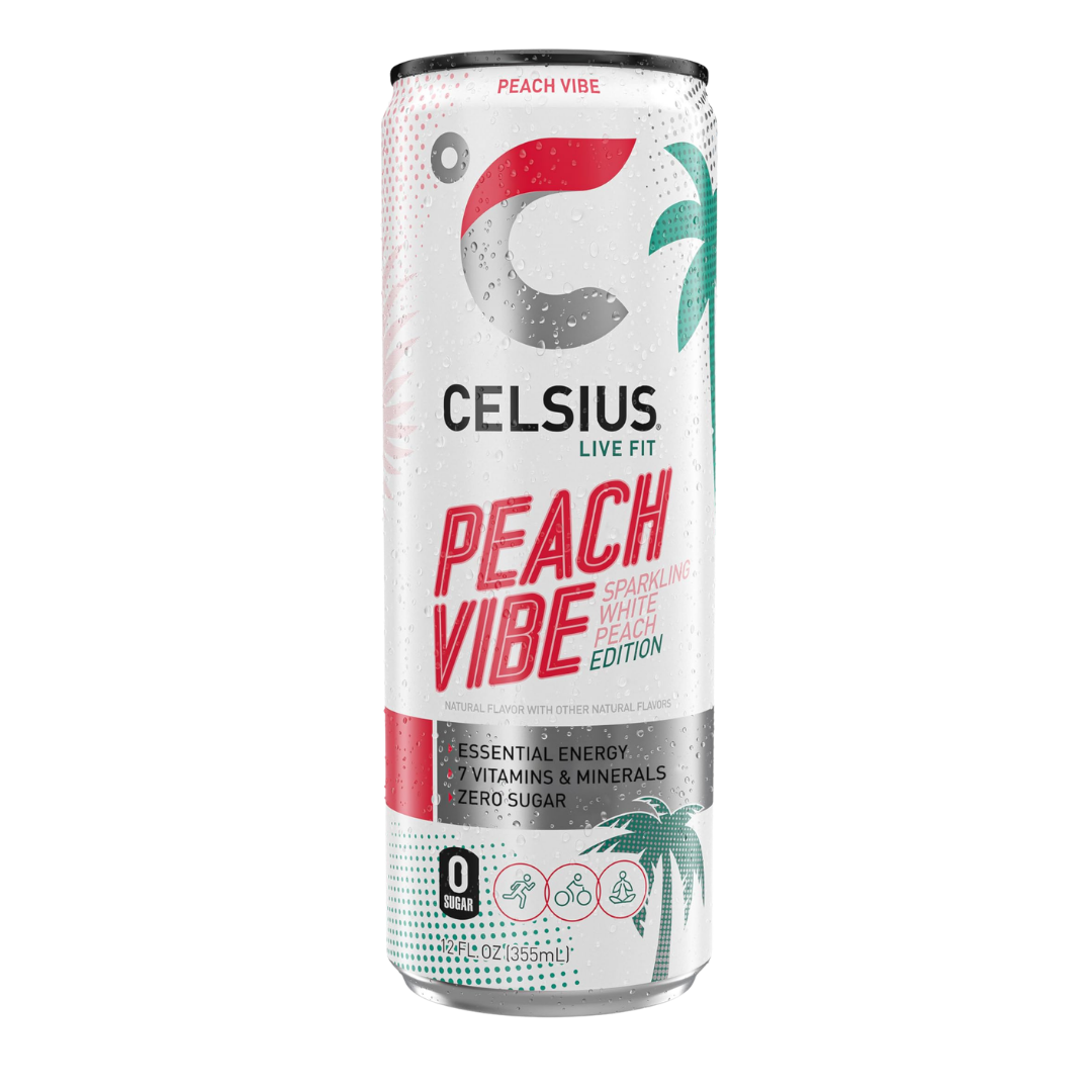 Bebida energética Celsius Peach Vibe White Peach 12oz sin azúcar