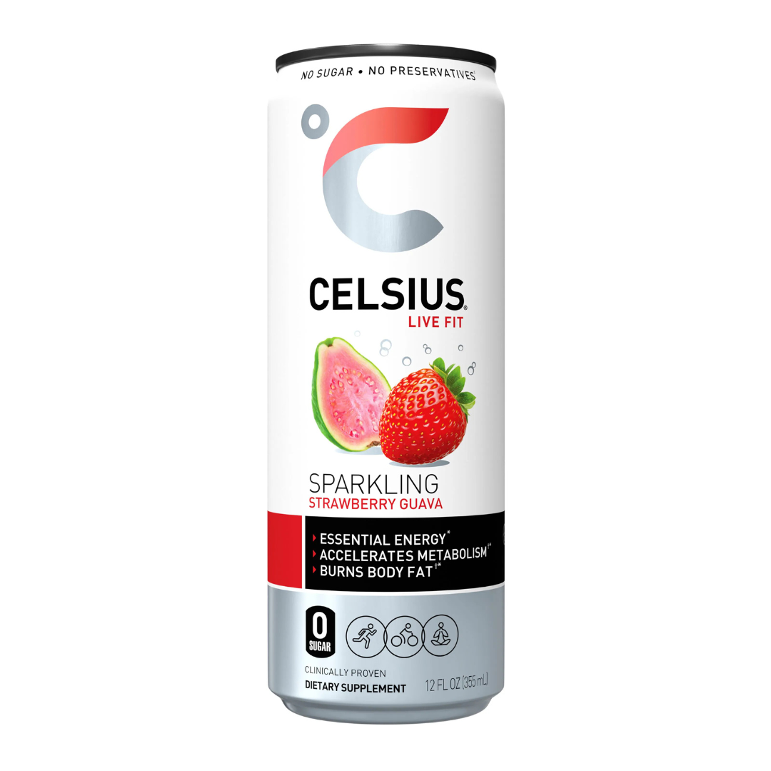 Bebida energética Celsius Sparkling Strawberry Guava 12oz sin azúcar.