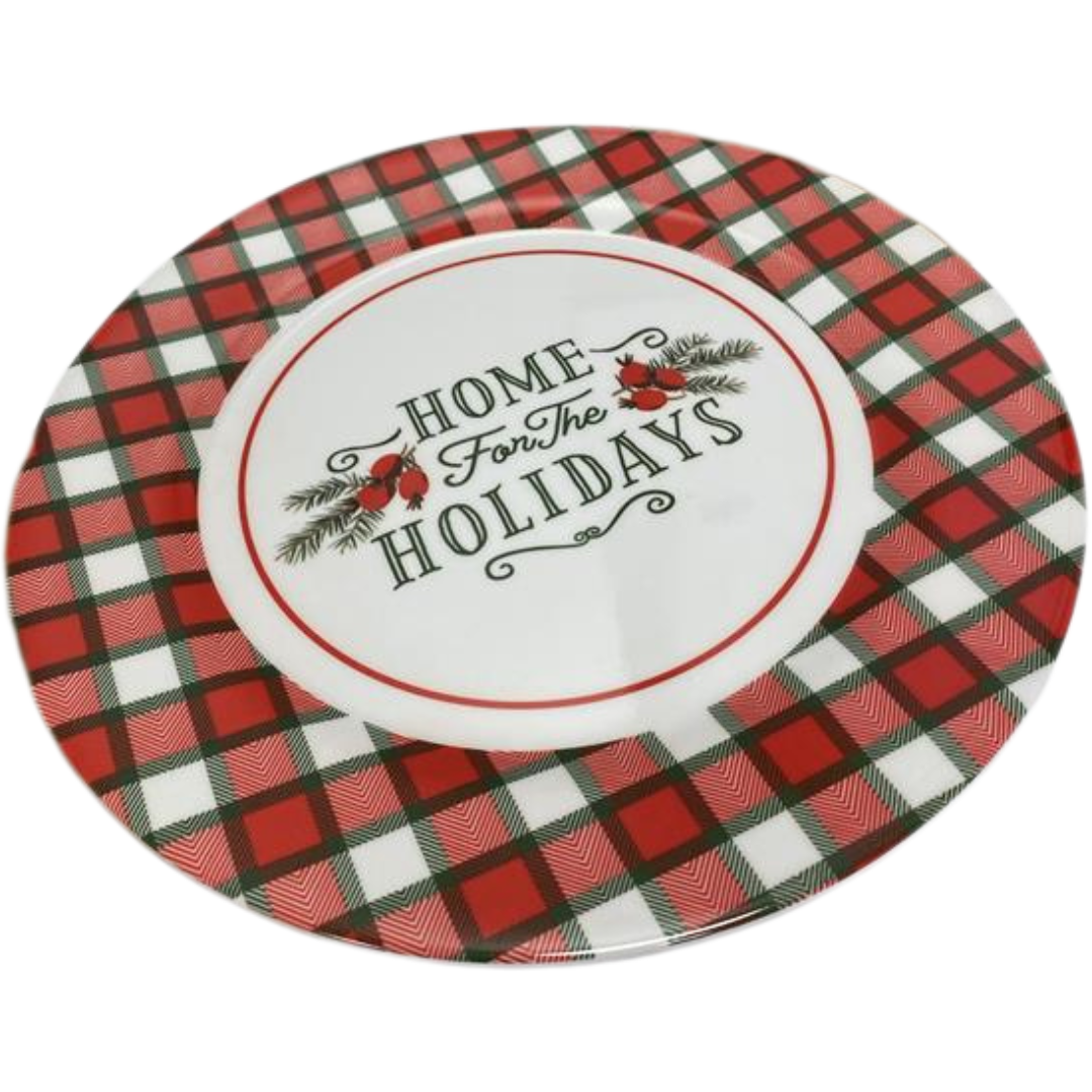 Plato navideño estampado buffalo plaid, diseño de cuadros rojos y negros