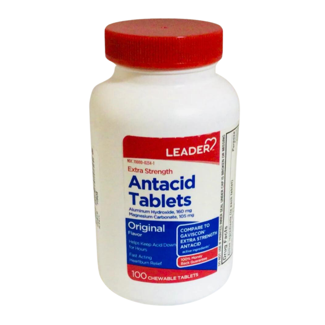 Tabletas masticables antiácido Leader Extra Strength 100 unidades para alivio de acidez