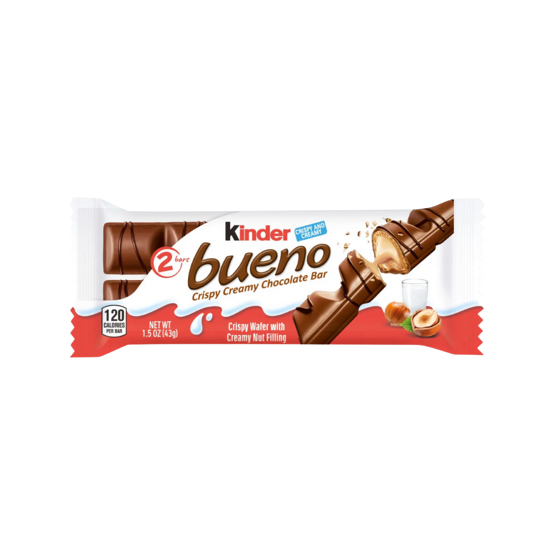 Barra de chocolate Kinder Bueno con 2 barritas de barquillo rellenas de avellana.