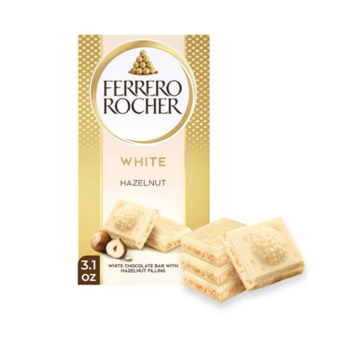 Tableta de chocolate blanco Ferrero Rocher con relleno de avellana 90g.