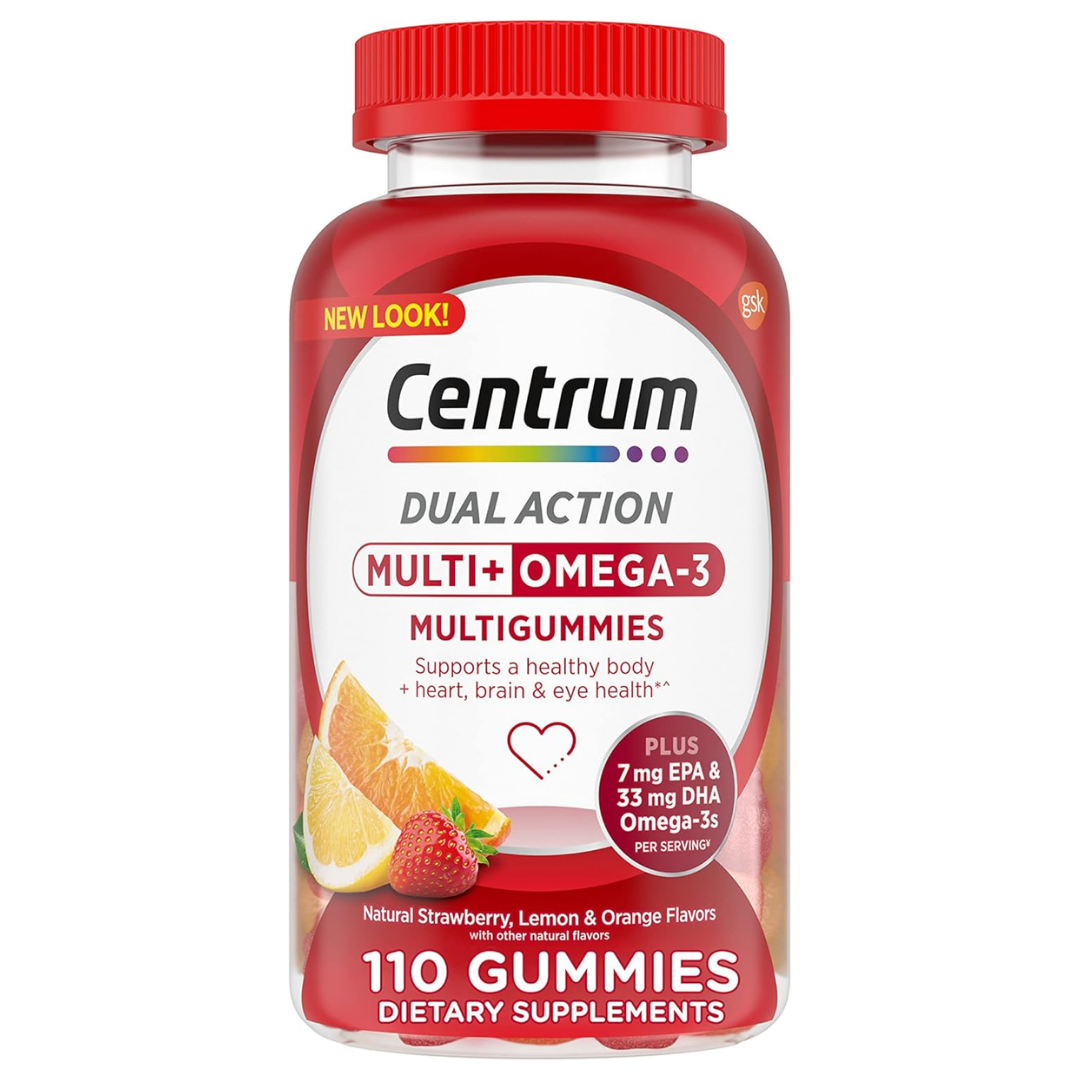 Envase de gomitas Centrum Multi + Omega‑3 (110 ct) multivitamínico con pescado