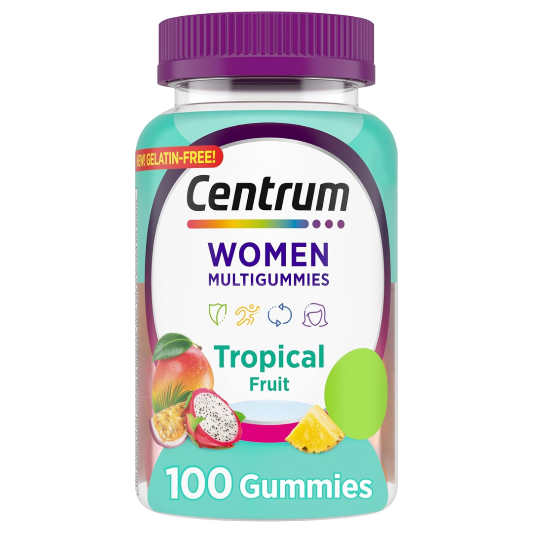 Envase de gomitas Centrum Women Tropical Punch (100 ct) sin gelatina