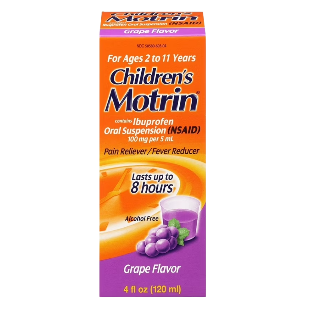 Botella de Motrin Infantil Sabor Uva (4 oz) – alivia dolor y fiebre