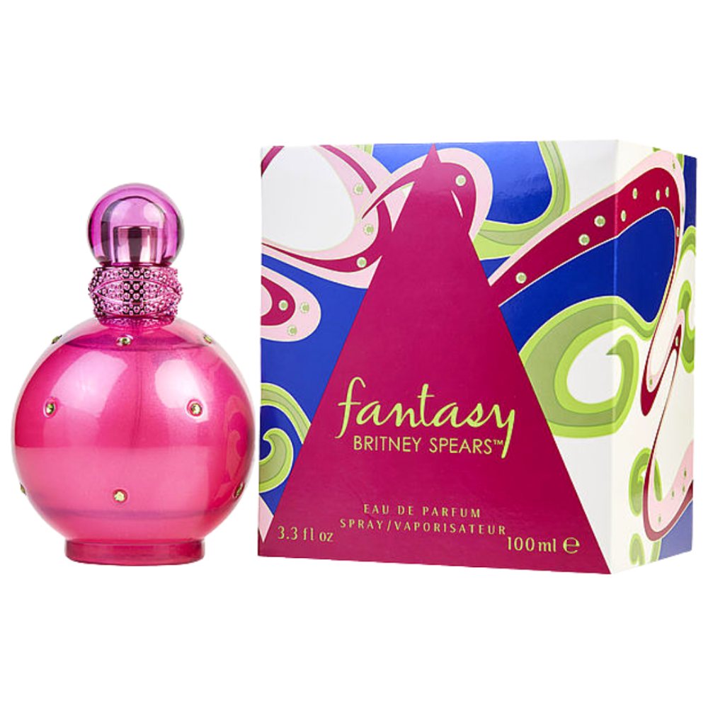 A bottle of Britney Spears Fantasy Eau de Parfum next to its colorful packaging box.