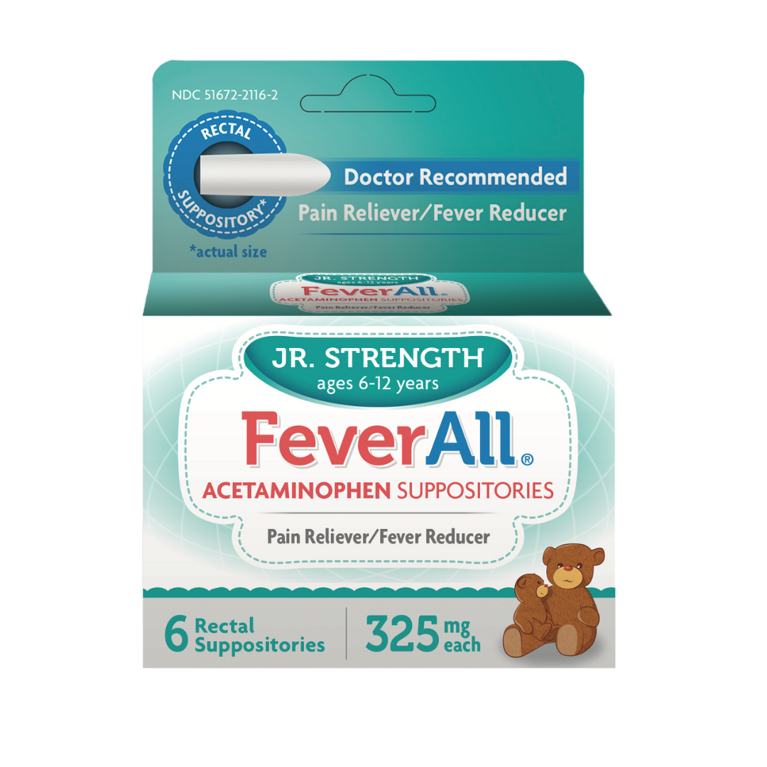 Supositorios FeverAll Jr. Strength Acetaminophen 325 mg (6 ct) – 6–12 años