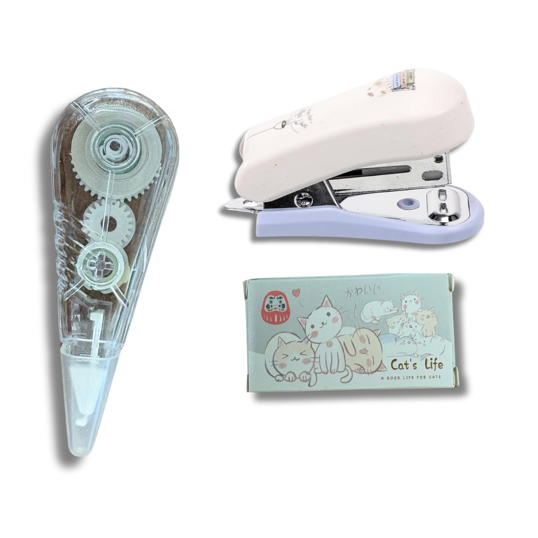 Kit escolar: grapadora pequeña, grapas y cinta correctora