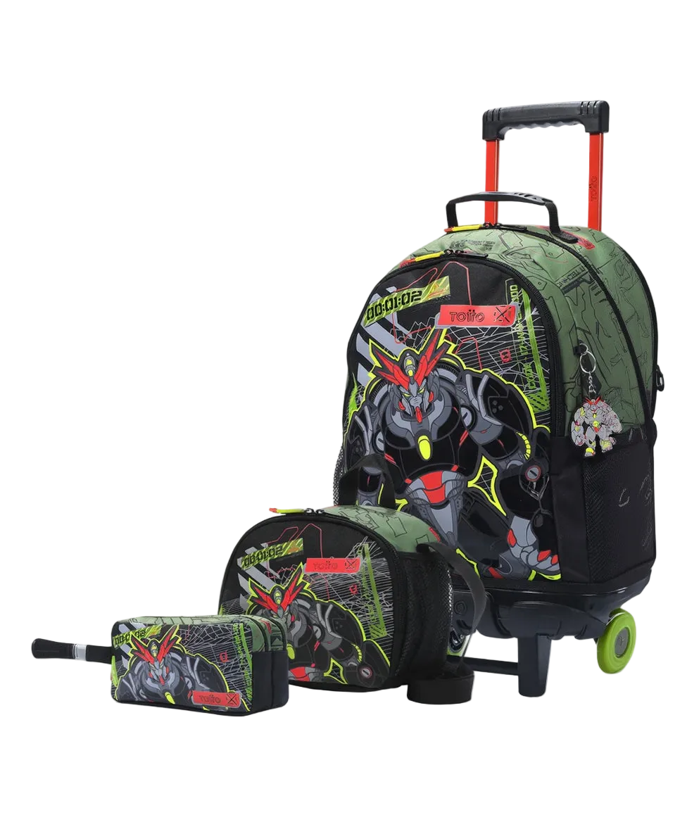 A rolling backpack set with a matching zip pouch and pencil case, featuring a green and black Gundam robot graphic print on a white background.