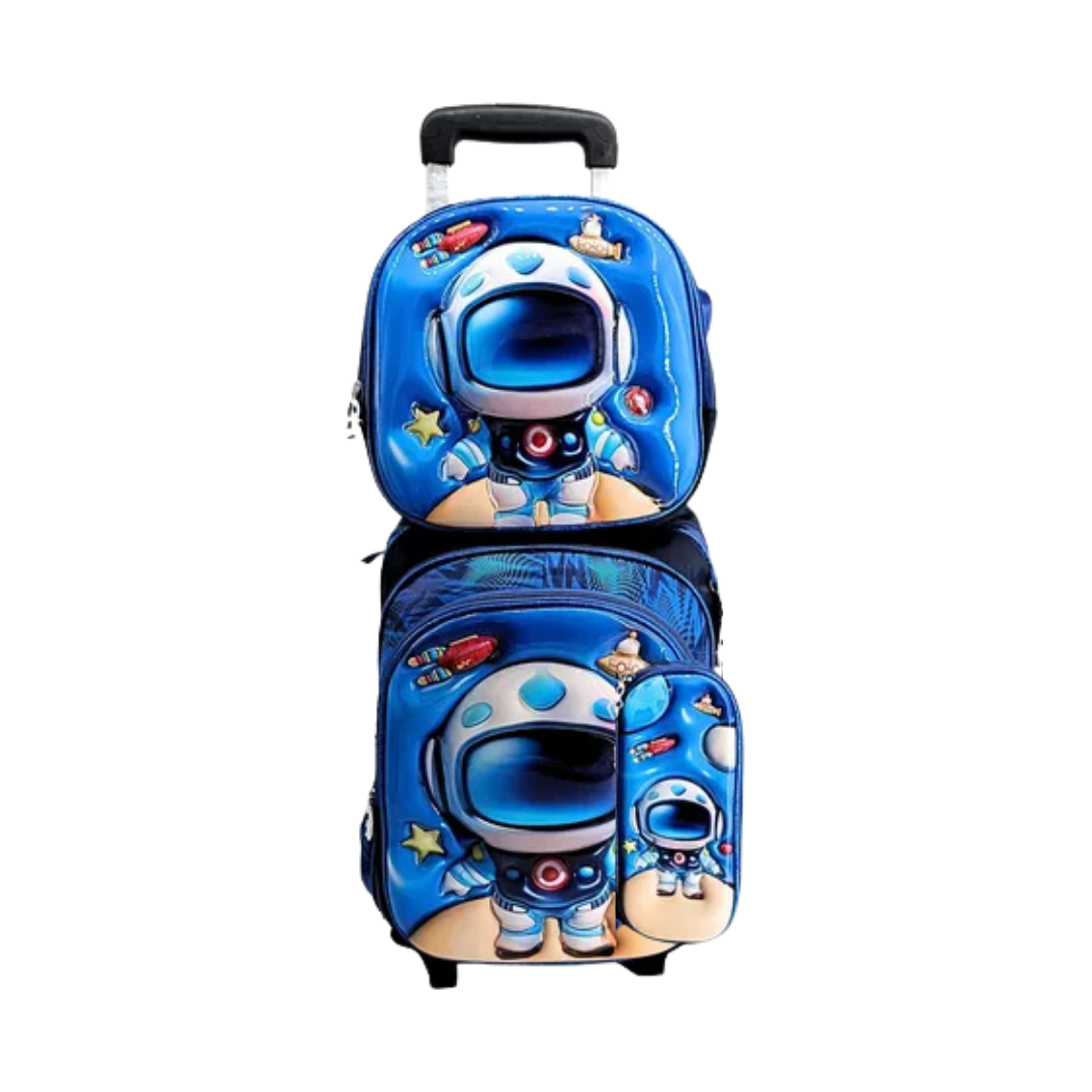 Set de mochila con carro, lonchera, cartuchera y bolsa adicional