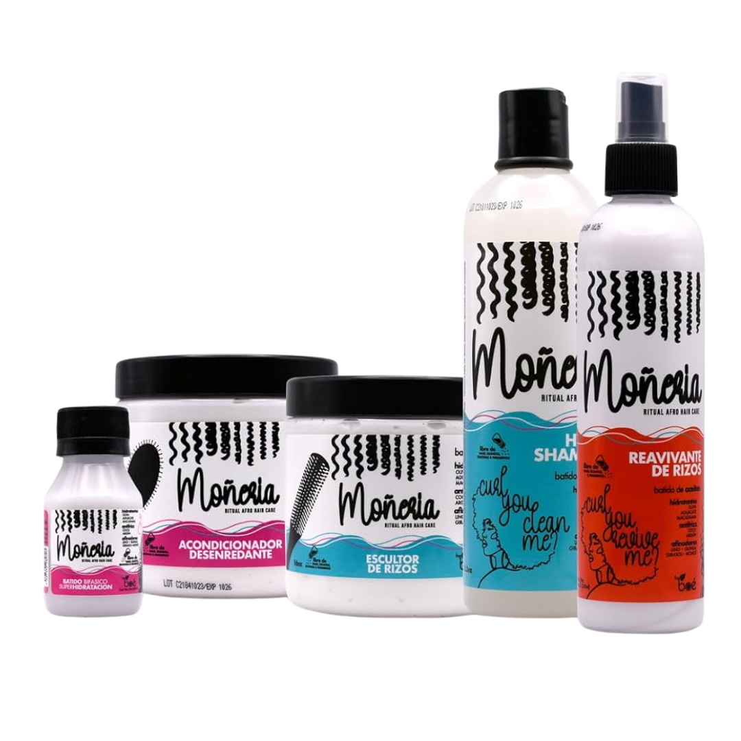 Kit Monería 5 pzs: shampoo, crema de peinar, leave‑in y mascarilla para cabello nutrido