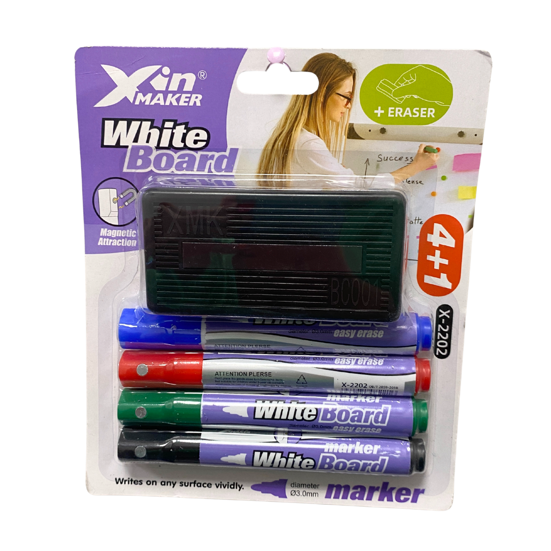 Set de 4 marcadores de pizarra con borrador para tableros blancos