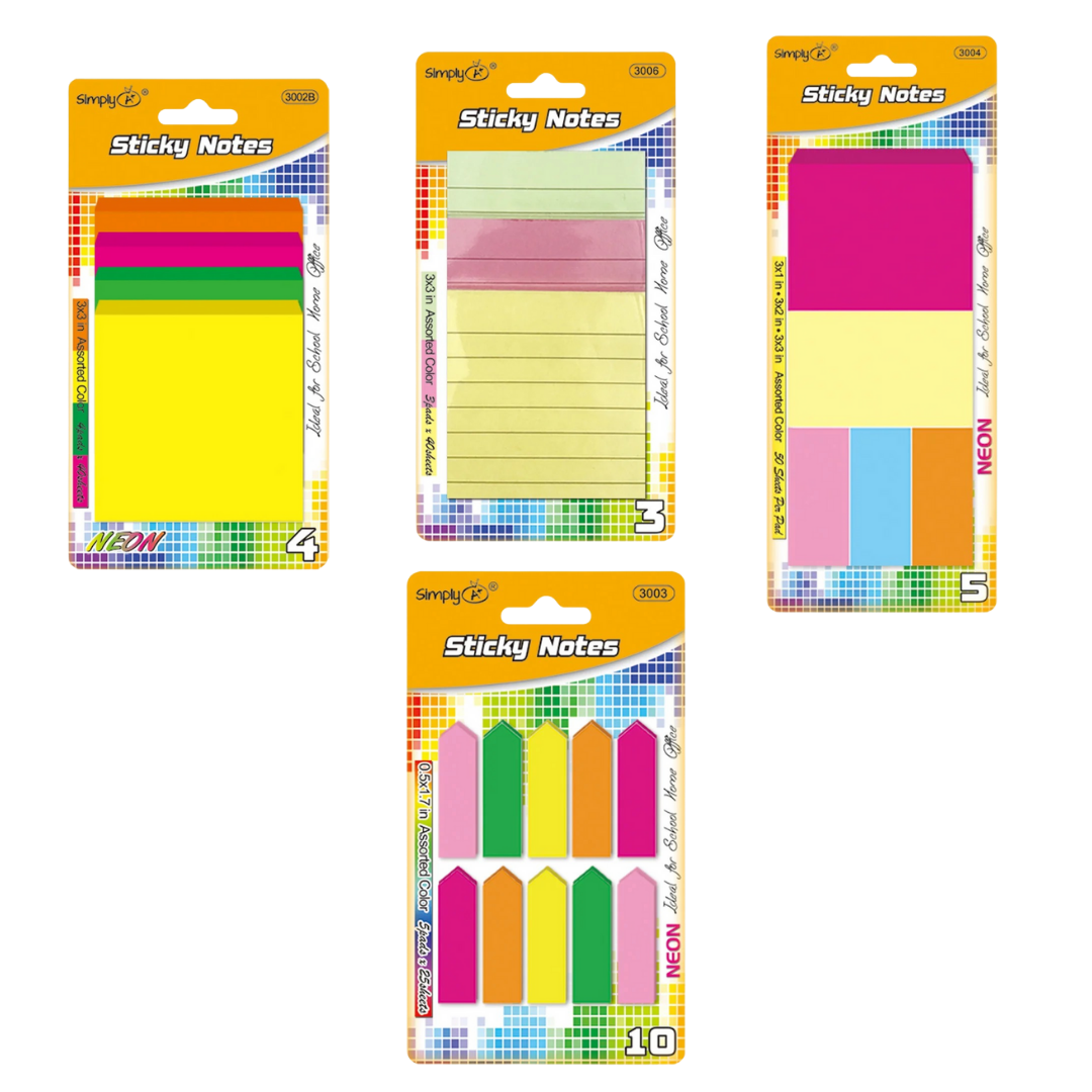 Set de sticky notes 3×3″ neón, flags, surtidos y lined – 100 hojas