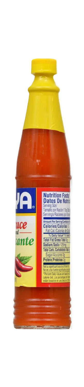 A bottle of hot sauce with a yellow cap, showing the brand label 'Noya' and a red-orange sauce inside, on a white background.