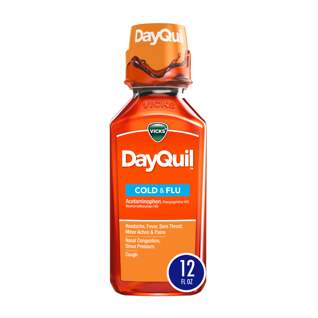 Botella de jarabe Vicks DayQuil (12 oz) para resfriado y gripe sin somnolencia