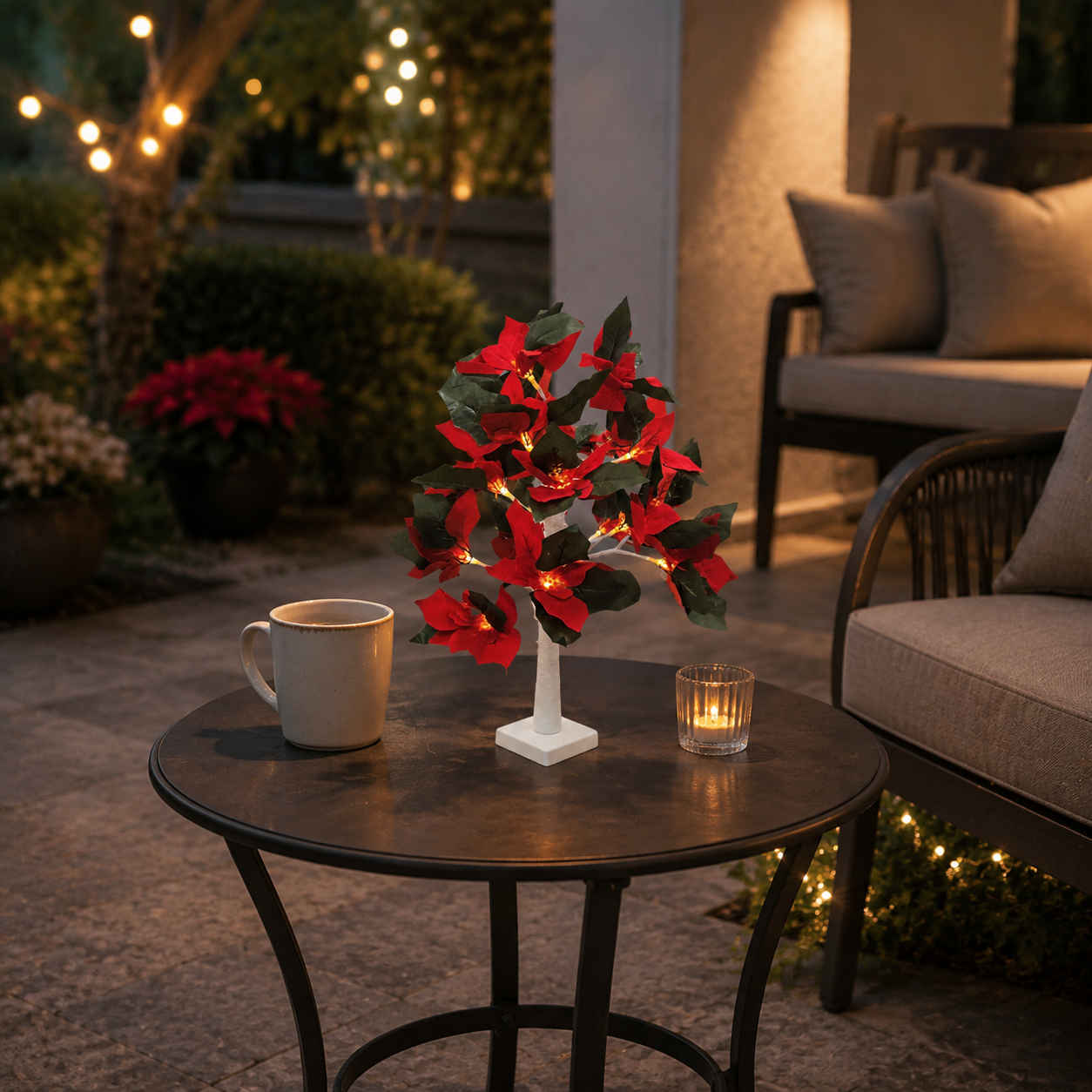 An artificial poinsettia tree light with glowing warm white string lights, displayed on a dark round outdoor patio table next to a ceramic mug and a lit candle. The background shows a cozy, softly lit patio with cushions, potted plants, and warm ambient lighting.